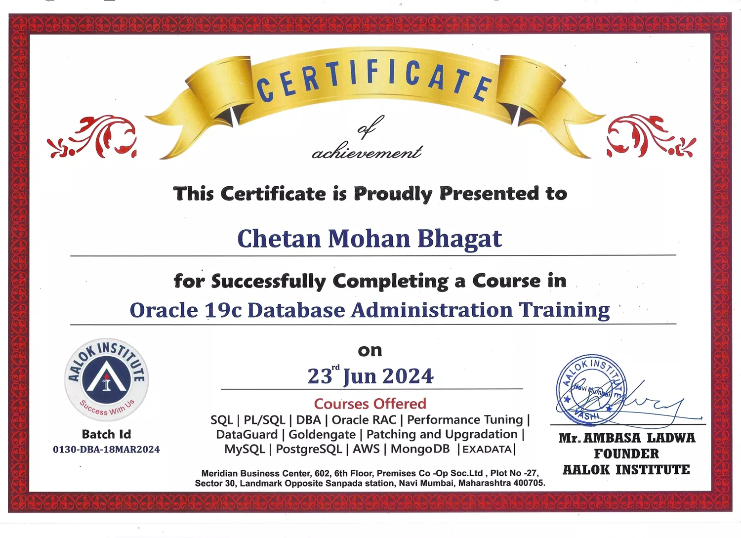 Sample Aalok Institute certificate for Oracle 19c Database Administration Training